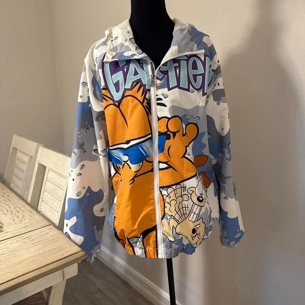Members Only Garfield blue and white camouflage windbreaker jacket with orange